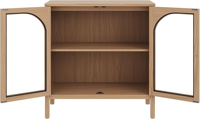 Nathan James Mason Modern Farmhouse TV Stand, Free Standing Accent Sideboard Buffet, Cabinet with Glass Doors and Adjustable Shelf, Clear Glass/Raw Oak Set of 2