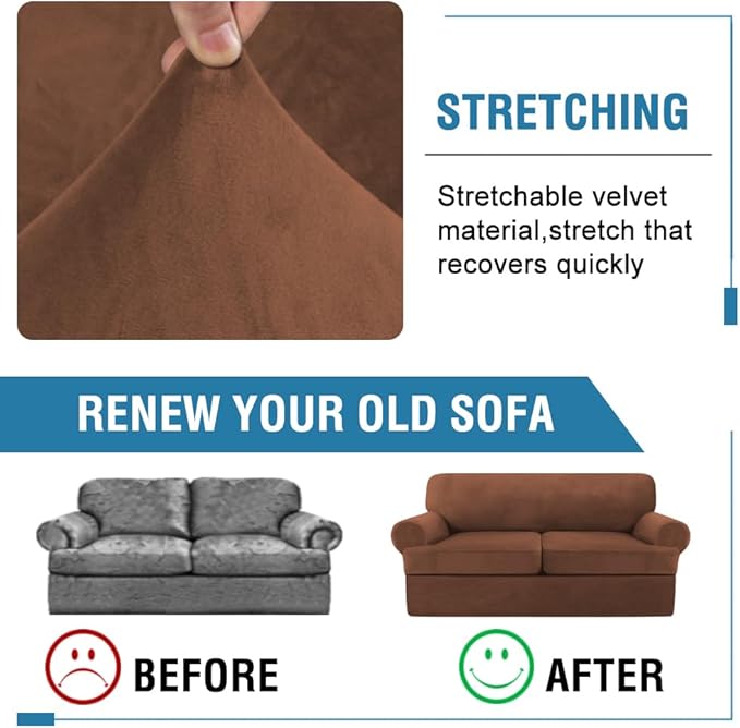 H.VERSAILTEX Sofa Cover 3 Piece T Cushion Sofa Slipcovers Thick Velvet Couch Cover Stretch T Cushion Sofa Covers for 2 Cushion Couch with 2 Individual T Cushion Covers Washable, Caramel