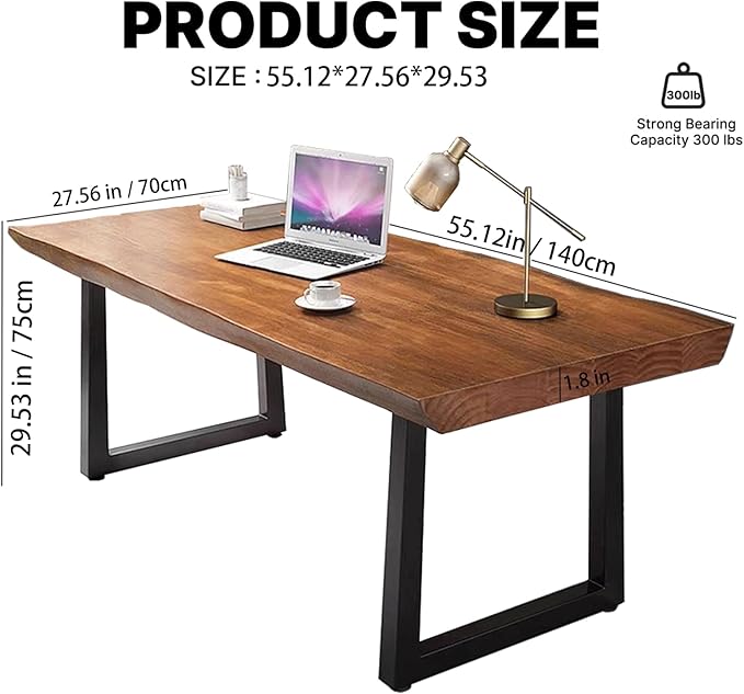 Modern Minimalist Solid Wood Office Desk with Metal Base Easy to Assemble Durable Writing Table Dining Table Computer Desk Multiple Ideal for Living Room and Dining Room (55inch)