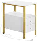 HOOBRO End Table with Charging Station, Narrow Side Table with 2 Drawer & USB Ports & Power Outlets, Nightstand for Small Spaces, Stable and Sturdy, for Living Room, Bedroom, Gold and White DW541BZ01