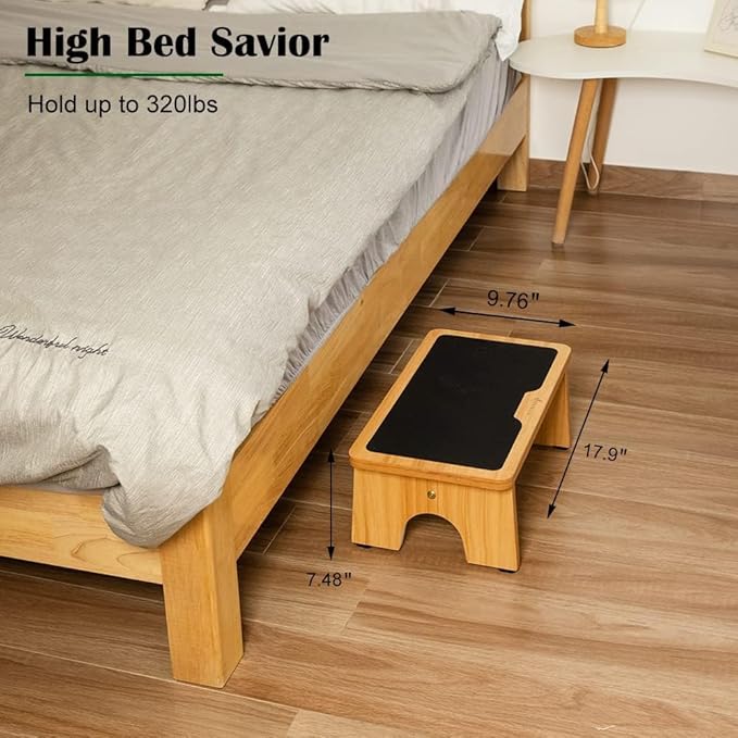 StrongTek Step Stool for Kids Adults, Portable Step Ladder with Non-Slip Surface, 7.5" One Step Stool for Bedroom, Bathroom, Wooden Bedside Step Stool for High Beds, 300lbs Capacity