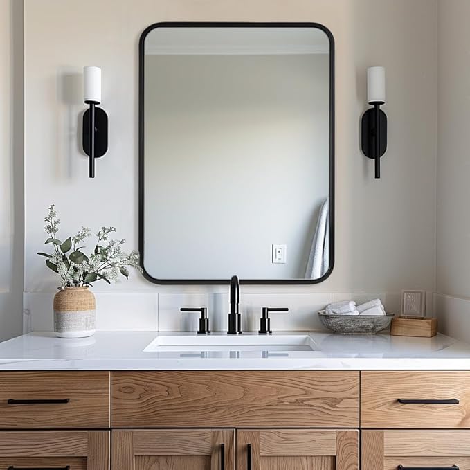ANDY STAR 28x36 INCH Black Bathroom Mirror, Black Bathroom Vanity Mirrors for Wall, Rounded Rectangle Mirror for Bathroom, Tube Metal Frame, 1’’ Deep Wall Mounted Vertical/Horizontal