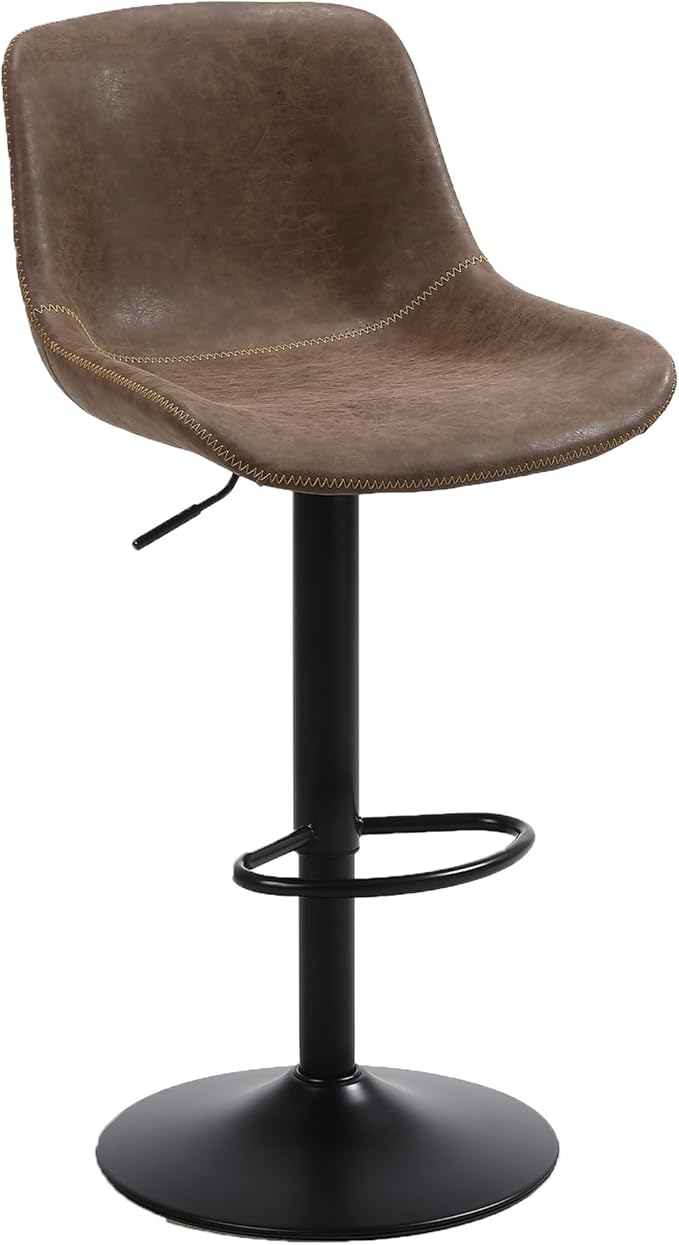 Bar Stools, Swivel Counter Height Barstools with Back, Adjustable Modern Bar Chairs, Tall Armless PU Leather Kitchen Island Stool (Brown, Set of 1)
