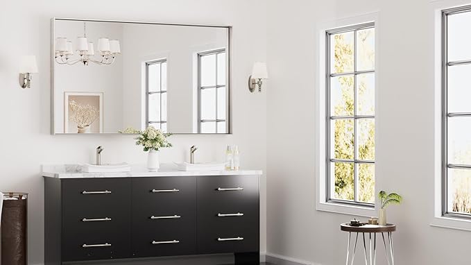 Keonjinn 60 x 36 in Brushed Nickel Bathroom Mirror, Rectangular Metal Framed Wall Vanity Mirror for Over Sink Square Corner Aluminum Alloy Modern Decorative Rectangle Mirror(Horizontal/Vertical)