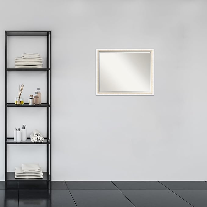 Amanti Art White Bathroom Mirror for Over Sink, 24x30 Morgan White Gold Rectangle Vanity Mirror, Large Modern Contemporary Wood Frame, Hangs Horizonally and Vertically, Bathroom Wall Decor, Beveled
