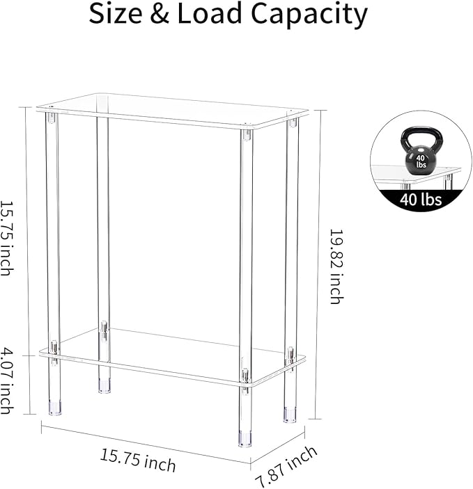 Clear Acrylic Narrow Side Table Set of 2 for Small Spaces, 15.75" L x 7.87" W x 19.82" H, 2 Tier Rectangle Slim End Table Nightstand, Small Bedside Table for Bedroom, Bathroom, Living Room