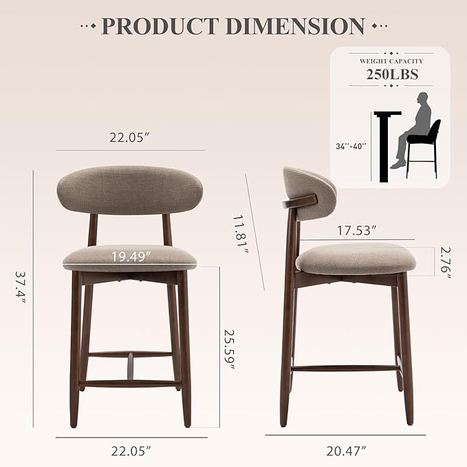 COLAMY Bar Stools Set of 2, Counter Height BarStools with Back, Mid Century Modern Upholstered, with Wood Legs for Kitchen Island Dining Room, Camel