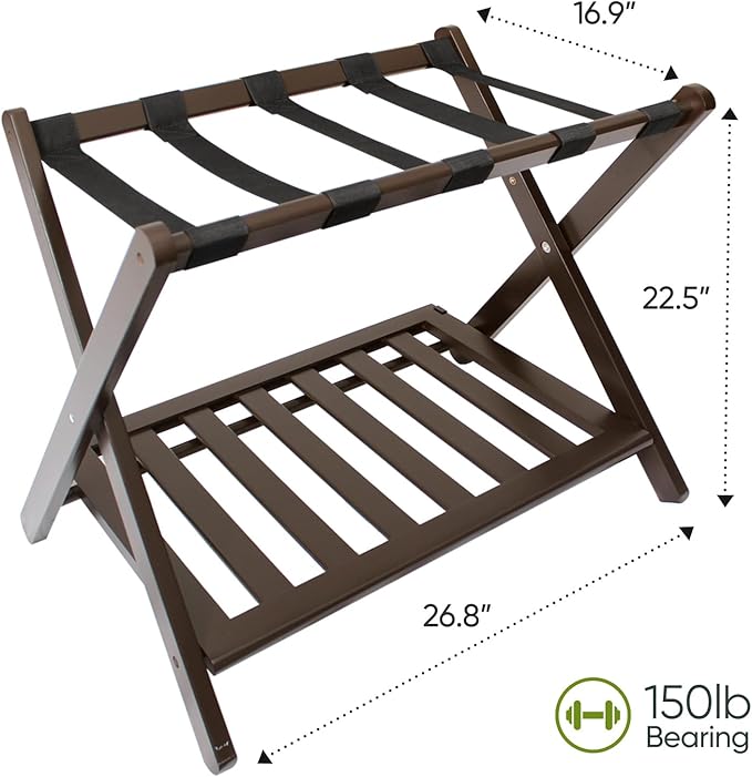 Pack of 2 Fully Assembled Bamboo Luggage Racks, Folding Suitcase Stand with Shoe Shelf, 5 Nylon Straps, Heavy Duty, Luggage Stands Ideal for Guest Room, Bedroom, Hotel, Espresso