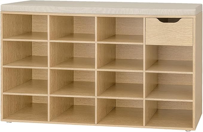 DINZI LVJ Shoe Bench, Entryway Storage Bench with Drawer and 15 Cubbies, Cubby Shoe Rack with Adjustable Shelves, Shoe Organizer Cabinet for Living Room, Bedroom, Mudroom, Closet and Garage, Natural