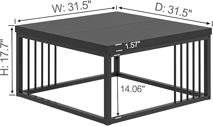 FOLUBAN Black Coffee Table, Modern Square Center Table for Living Room, Industrial Rustic Wood and Metal Cocktail Tea Table, 31.5 Inch