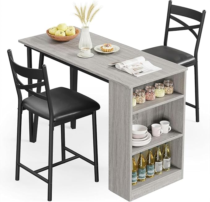 GAOMON 3 Piece Bar Table Set for 2, Bar Table and Chairs Set with with Flip Top Extension, Dining Table Set with Storage Shelves, Suitable for Small Space Kitchen Apartment, Grey