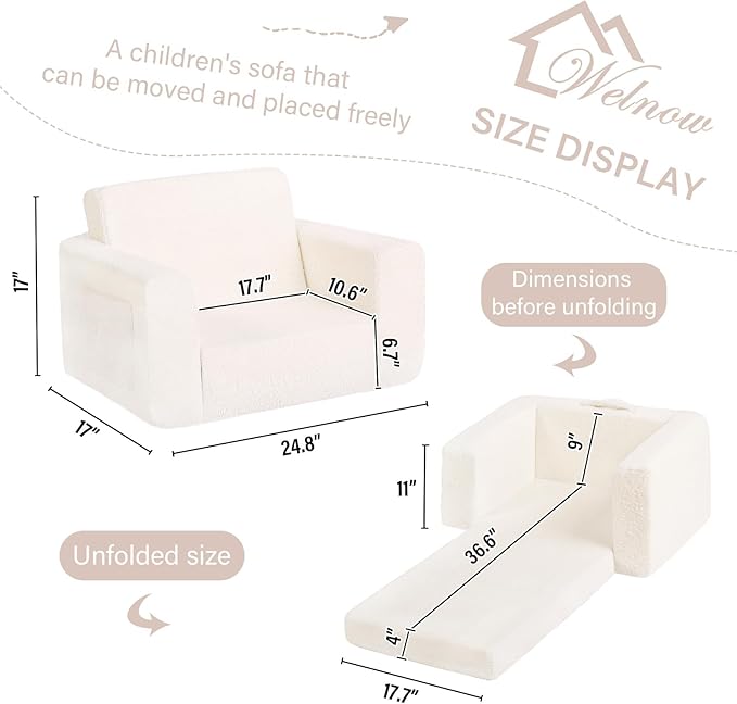 Welnow Toddler Chair, 2-in-1 Soft Sherpa Kids Sofa, Convertible Toddler Couch Lounger, Flip Out Kids Couch Chair with Side Pockets & Removable Cover for Girls and Boys, Beige