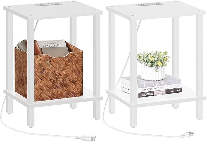 TUTOTAK End Table with Charging Station, Set of 2, Small Side Table with Outlets, Nightstand Bedside Table, 2-Tier Storage Shelf for Small Space, Living Room, Bedroom White TB01BW041