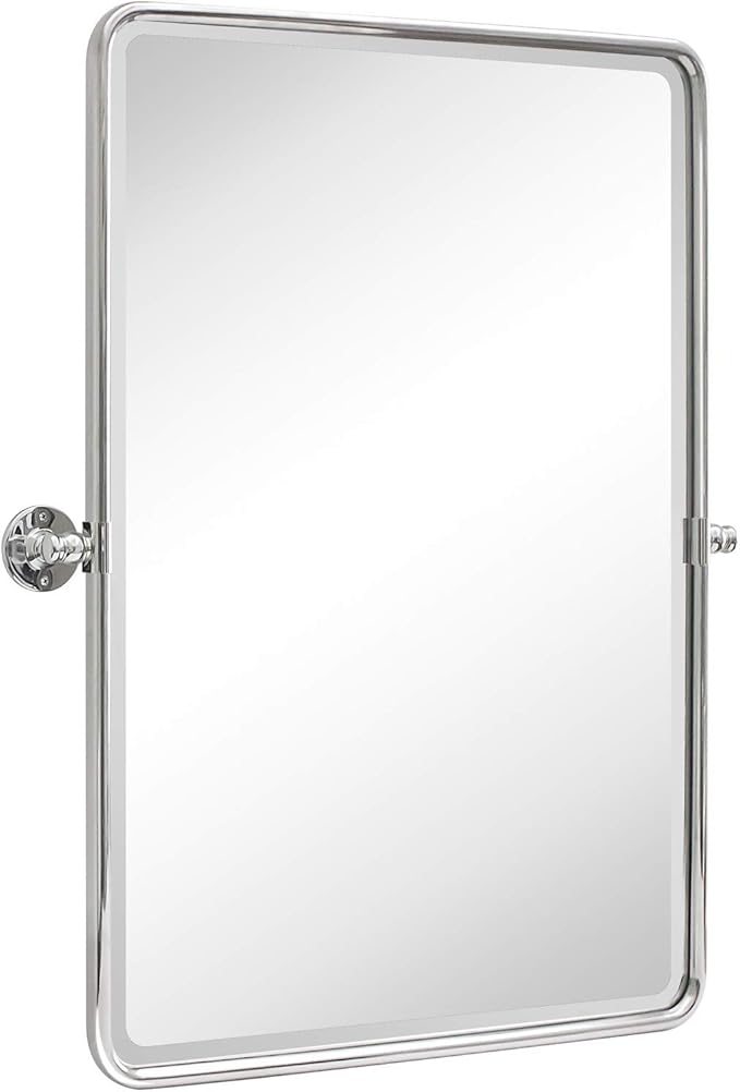 TEHOME 27 x 35'' Farmhouse Chrome Metal Framed Pivot Rectangle Bathroom Mirror Tilting Beveled Vanity Mirrors for Wall
