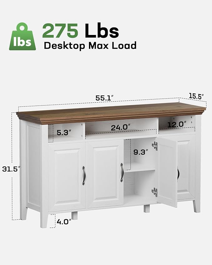 Marsail Sideboard Buffet Cabinet with Storage, 55" Farmhouse Kitchen Buffet Bar Table 4 Door Storage Cabinets for Dining Room Furniture, Brown & White