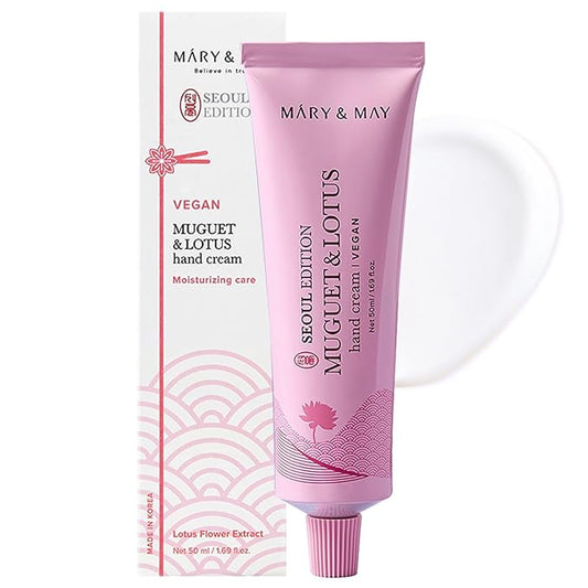 Mary&May SEOUL EDITION Muguet & Lotus Hand Cream - Korean Moisturizing Vegan Hand Moisturizer - Delicate Floral Scent - Non Greasy Soft Creamy Texture, 1.69oz.