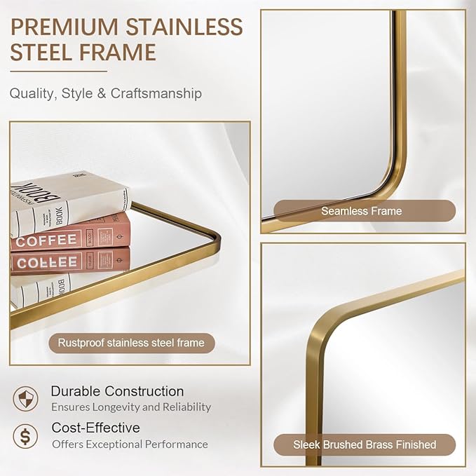 ANDY STAR 48x32 Inch Gold Bathroom Mirror, Brushed Gold Mirrors for Wall in Anti-Rust SUS304 Tube Metal Frame, Rounded Rectangle Mirrors 1’’ Deep Wall Mounted Vertically/Horizontal for Bathroom