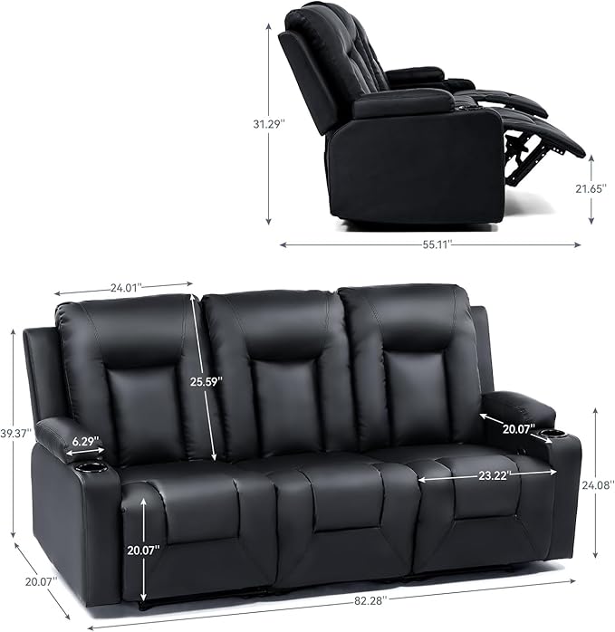 LUCKLIFE Leather Recliner Sofa Set with Manual Recliners,Living Room Furniture Set with Reclining Couch,Loveseat and Armchair,Living Room Chair with Cup Holders,Black (3+1+1)