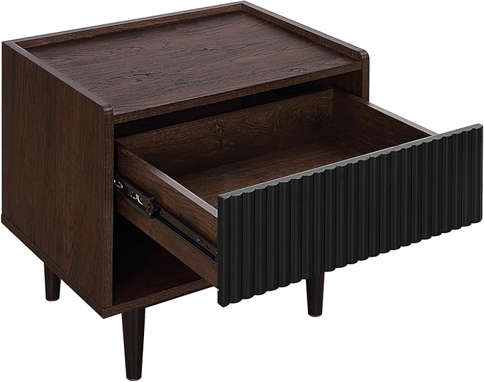 Manhattan Comfort Duane Mid Century Modern Ribbed Nightstand and Coffee Table with Storage, Living Room Furniture with Cabinet, Shelves and Iron Metal Feet, Set of 2, Black