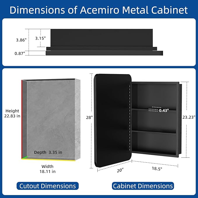 20x28 Inch Black Recessed Bathroom Medicine Cabinet with Mirror Metal Framed Farmhouse Surface Wall Mounted Mirrored Bathroom Medicine Cabinets