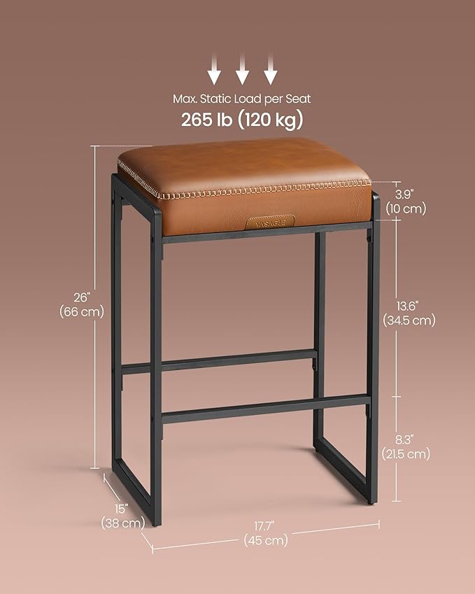 VASAGLE EKHO Collection - Bar Stool, Counter Height Bar Stool, Synthetic Leather with Stitching, Mid-Century Modern Counter Barstool, 26-Inch Tall, Kichen Home Bar Dining Room, Caramel Brown