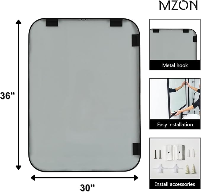 MZON 30x36 Inch Matte Black Wall Mirror, Large Rounded Rectangle Mirror for Living Room or Bathroom, Anti-Rust Frame & Tempered Glass, Horizontal/Vertical Mount - Luxe & Modern Wall Decor