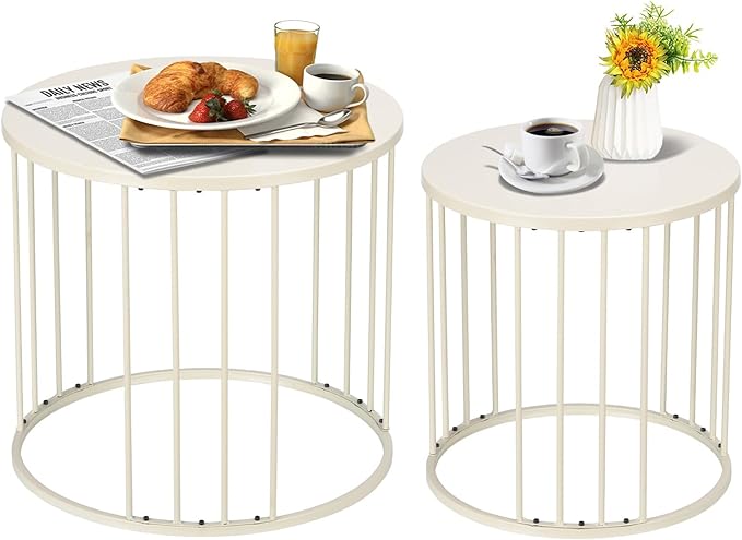 SUNNYPARK Outdoor Side Table Set of 2, Metal Circle Accent End Tables for Balcony Backyard Garden Indoor Living Room, Durable Black Nesting Coffee Tables, 20”+16” Dia