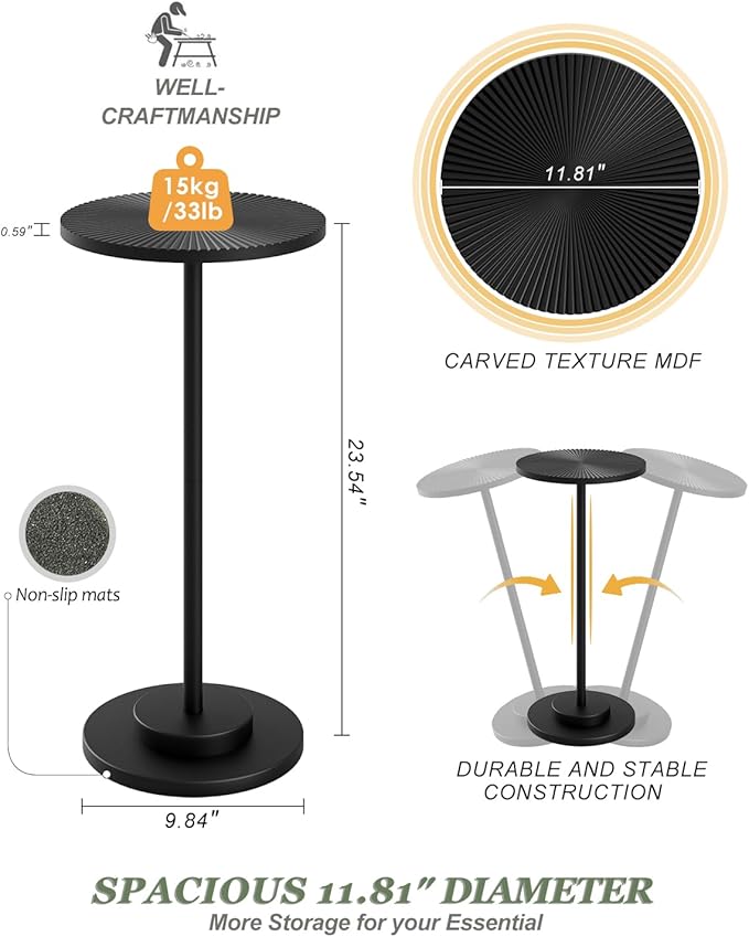 Round Side Table, Small Drink Table for Small Spaces, Modern Accent End Table Coffee Table with Metal Leg for Living Room, Bedroom, Corners, and Office (Black)