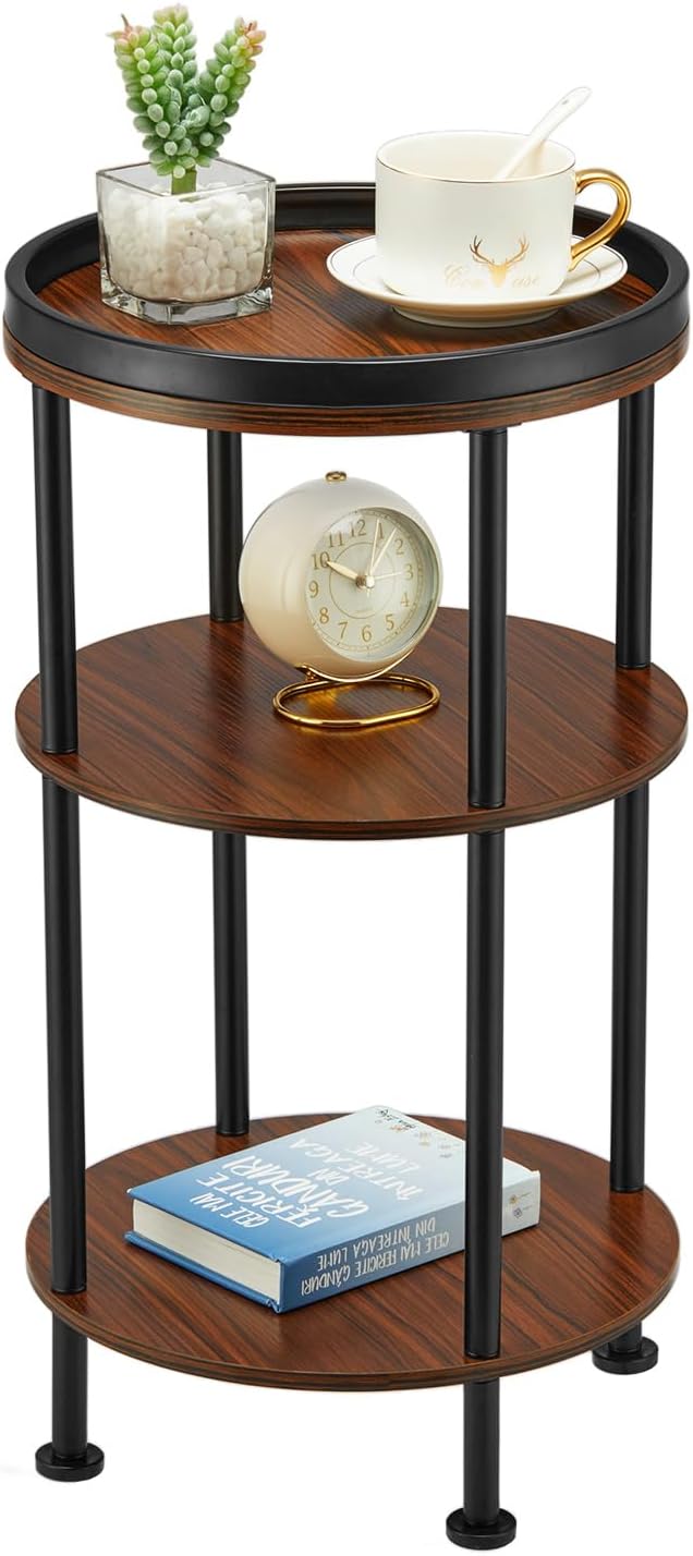 Side Table, Small Round Side Table for Small Spaces, 3-Tier Round Accent Table Slim Side Table, Modern Sofa End Table Corner Table for Living Room Bedroom Nightstand (Classic, Cherry)
