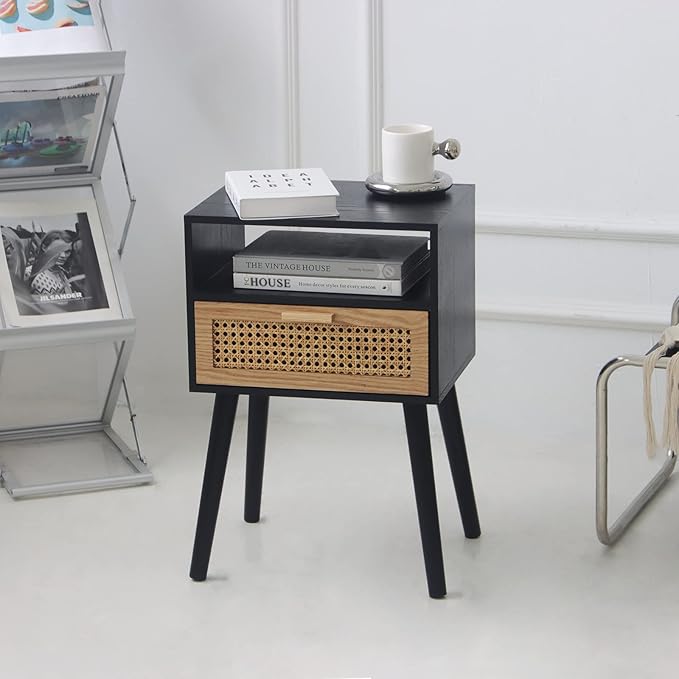 MaxSmeo End Table with Storage Mid Century Nightstand with Rattan Drawer and Shelf, Wood Small Side Coffee Table for Small Space, Living Room and Bedroom, Easy Assembly (Black)