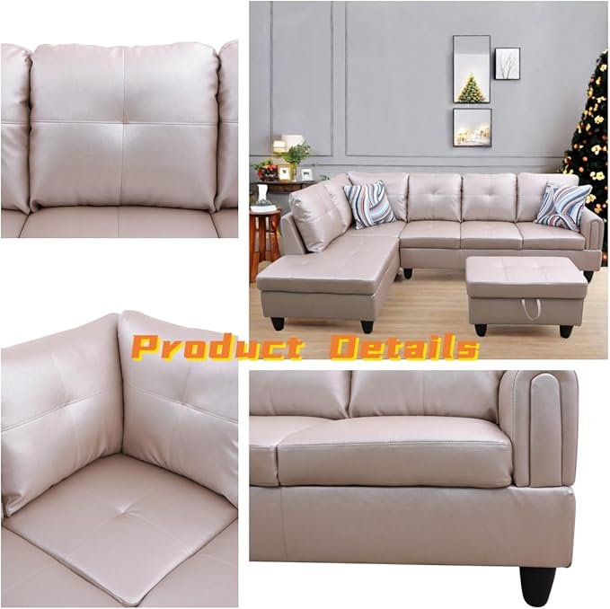 L Shaped Sectional Couch with Otttoman, 97" Leather Sectional Sofa for Living Room Modular Couches with Cup Holders for Bedroom, Apartments, Latte