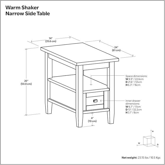 SIMPLIHOME Warm Shaker SOLID WOOD 14 inch Wide Rectangle Transitional Narrow Side Table in Tobacco Brown for the Living Room and Bedroom