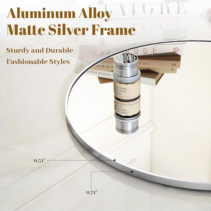 Silver Round Bathroom Mirror, 30 inch Circle Wall Mounted Hanging Mirror with Simple Modern Circular Metal Frame for Hallway, Entryway, Living Room, Silver Frame