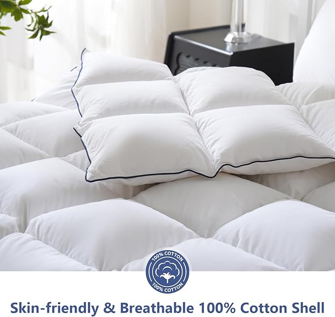 DOWNCOOL Feather Comforter King Size, White Fluffy Duvet Insert King with Ultra Soft 100% Cotton Cover, All Season Luxurious Hotel Bed Comforter with Corner Tabs, 106"x90"