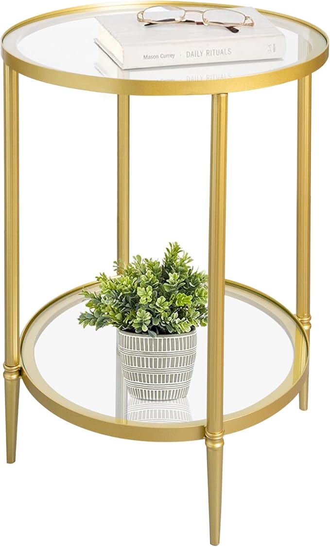2 Tier Round Side Table, Gold End Table with Glass Top, Modern Metal Clear Coffee Tables, Small Accent Tables for Living Room, Bedroom, 18" x 18"