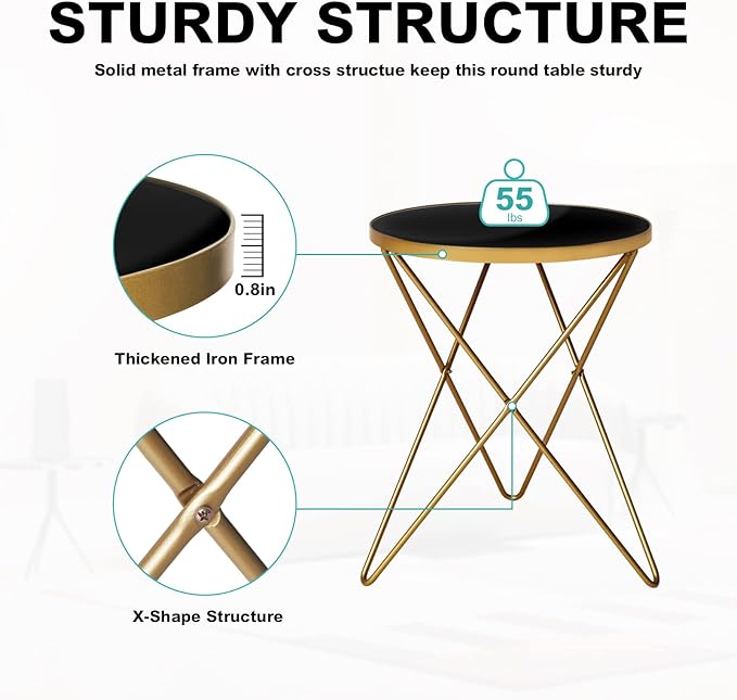 HLR Modern Round Side Table Set of 2, End Table with Marble Effect Top and Gold Metal Frame, Small Side Table for Living Room, Bedroom, Sofa and Couch, Gold Legs, Black Glass top