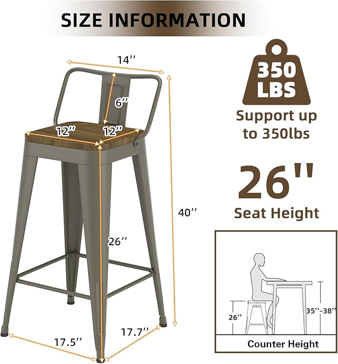 Rusty Bar Stools Set of 4, Metal Bar Stools with Wooden Seat, Modern 26”Counter Height Barstools with Low Back