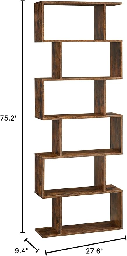VASAGLE 6-Tier Bookshelf, Tall Display Shelf, Freestanding Storage Shelf, Rustic Brown ULBC61BX Tree-Shaped Bookcase with 13 Storage Shelves, 9.8”D x 33.9”W x 55.1”H, Rustic Brown ULBC67BXV1