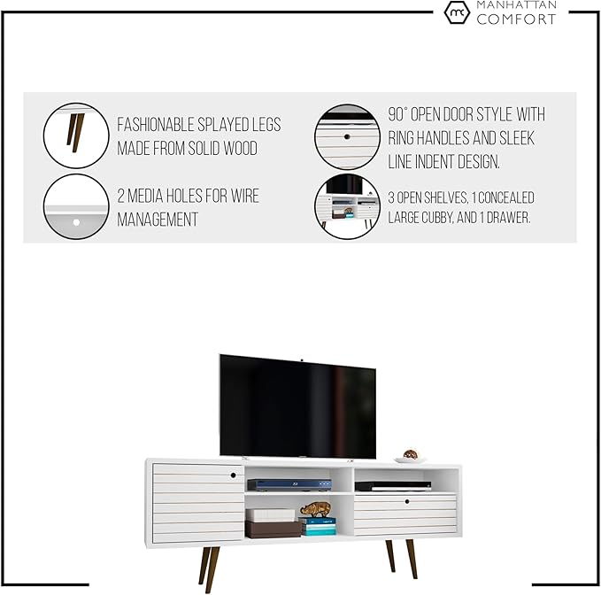 Manhattan Comfort Liberty Mid Century Modern TV Stand for Televisions up to 65 Inches, Bedroom and Living Room Entertainment Center with Storage, Shelves, and Cabinet, 71" Wide, White/Aqua