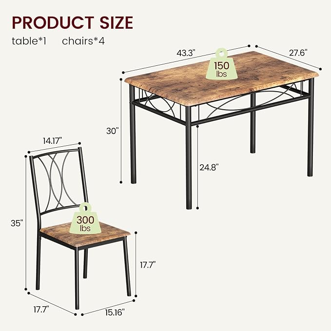 CABIHOME Dining Table Set for 4, Kitchen Table Set with 4 Chairs, Rectangular Dining Table Set for 4, Kitchen Table Set for Apartment, Small Space, Dining Room, Retro Brown