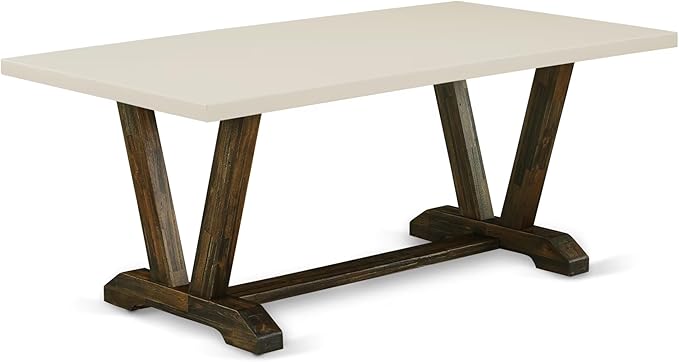East West Furniture V727VE721-7 7 Piece Dining Room Table Set Consist of a Rectangle Kitchen Table with V-Legs and 6 Blue Color Linen Fabric Parson Dining Chairs, 40x72 Inch, Multi-Color