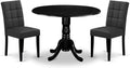 East West Furniture DLAS3-BLK-12 3 Piece Dining Table Set contain A Wood Table and 2 Dark Gray Polyester Fabric Dinner Chairs with Stylish Back- Black Finish