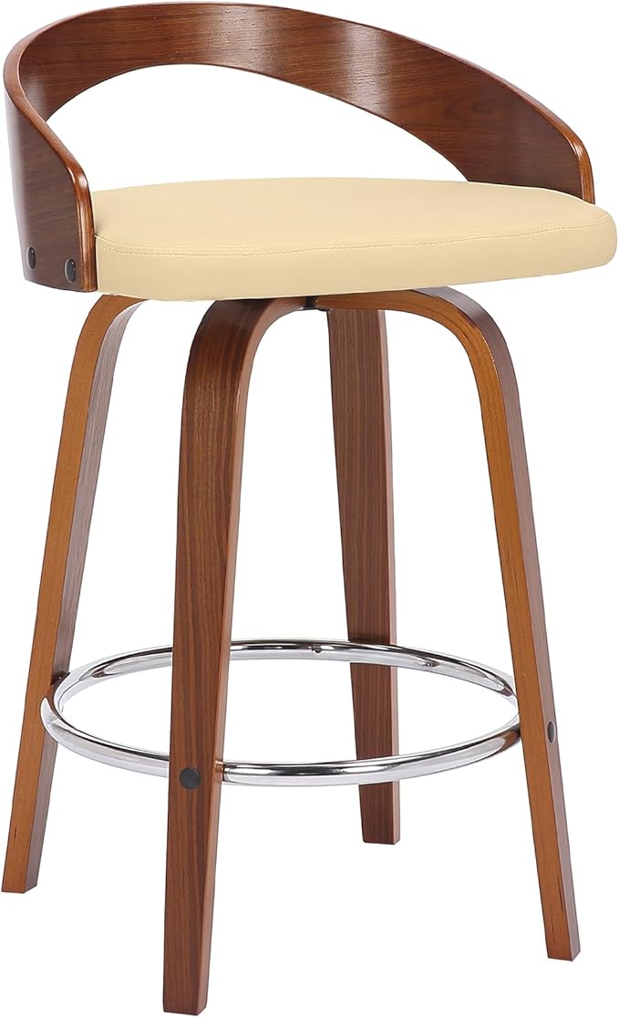 Armen Living Sonia 26" Counter Height Swivel Cream Faux Leather and Walnut Wood Bar Stool - Set of 4
