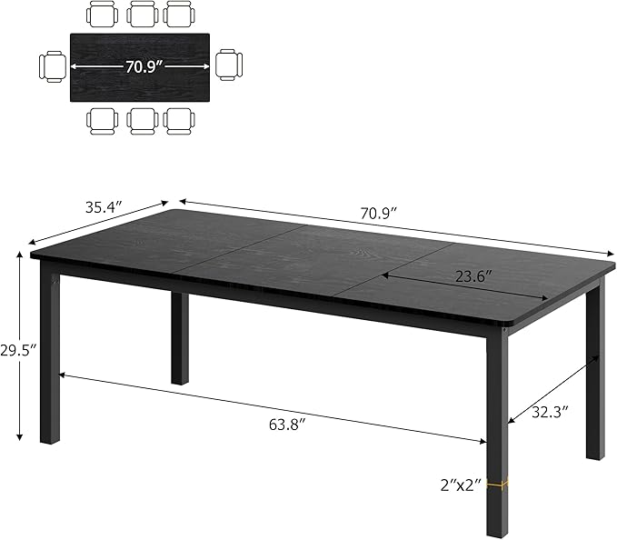 GarveeHome 70.8in Industrial Dining Table for 6, Wooden Long Dinner Table with Mortise Tenon Design, Kitchen Table with Sturdy Metal Legs, for Dining Room Home Office Living Room, Black