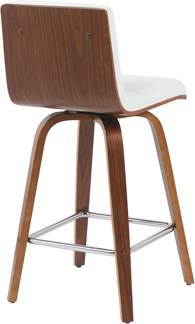Vienna Modern Counter Height Swivel Bar Stool with Snow White Faux Leather Seat and Walnut Finished Wood Frame Set of 2