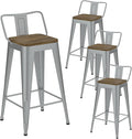 Silver Bar Stools Set of 4, Metal Bar Stools with Wooden Seat, Modern 26”Counter Height Barstools with Low Back