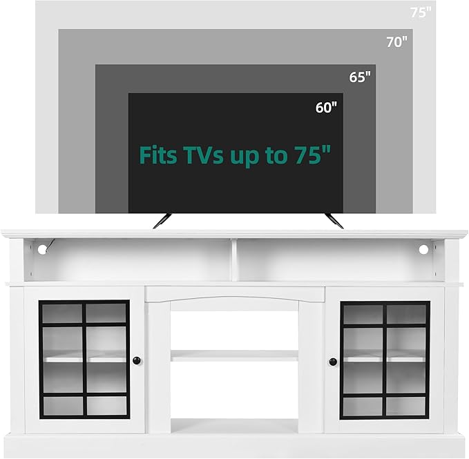 YITAHOME White TV Stand for 75 Inch TV, LED Modern Entertainment Center with Adjustable Shelves and Glass Doors, 32'' Tall Television Stands TV Media Console Table for Living Room, White