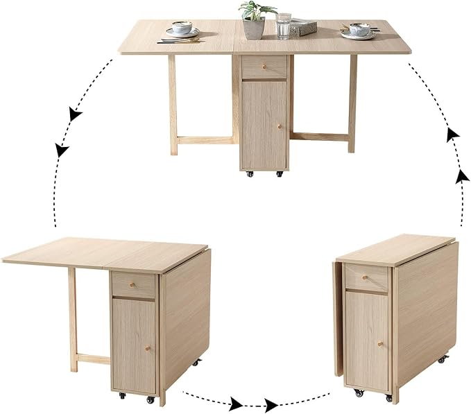 Wood Drop Leaf Folding Dining Table with 2 Drawers and 4 Wheels, Wood Padded Folding Chairs Set of 2, Space Saving Dining Table with 2 Chairs