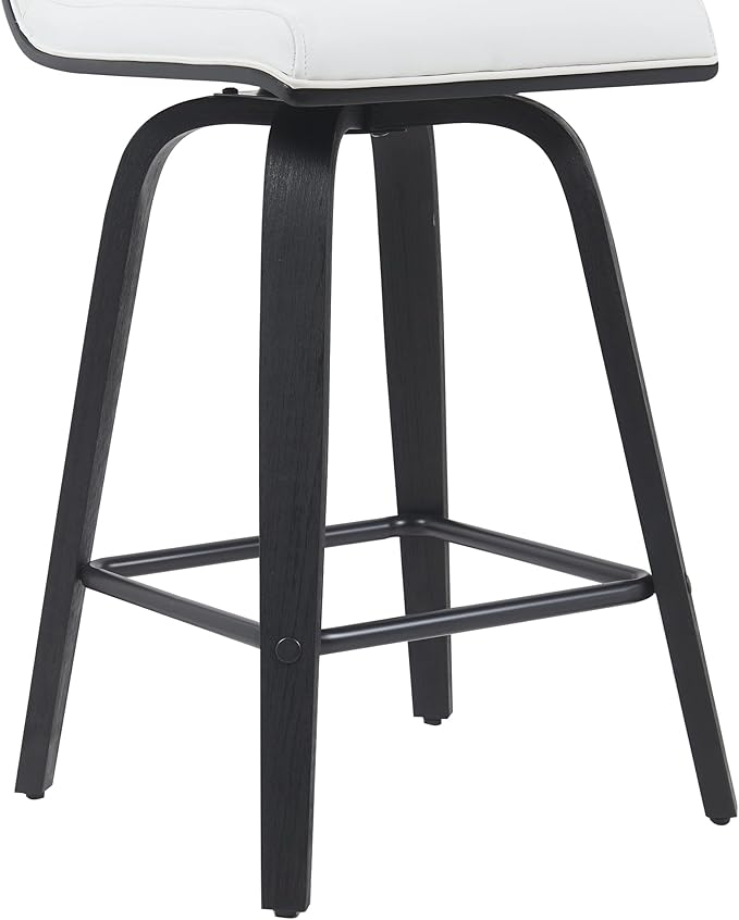 Vienna Modern Counter Height Swivel Bar Stool with Snow White Faux Leather Seat and Black Brushed Wood Frame Set of 2