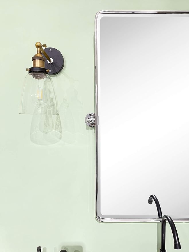 TEHOME 27 x 35'' Farmhouse Chrome Metal Framed Pivot Rectangle Bathroom Mirror Tilting Beveled Vanity Mirrors for Wall